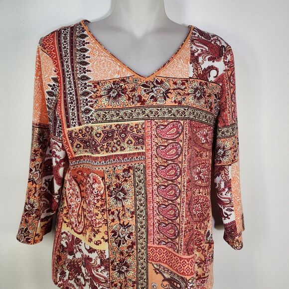 Chicos Top Womens Size 0 Small Paisley Floral V Neck Stretchy Peach Maze Boho - Picture 3 of 8